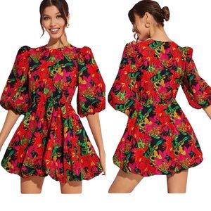Women’s Lantern Sleeve Tropical Print Mini Dress